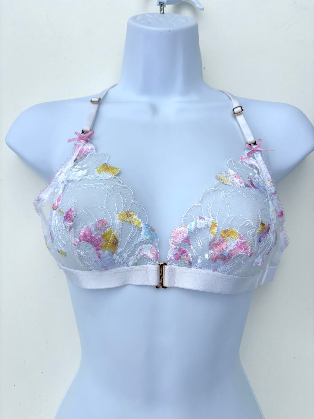 Honey Birdette Sheer Fleur Racerback Bralette Lace White Floral Embroidery M